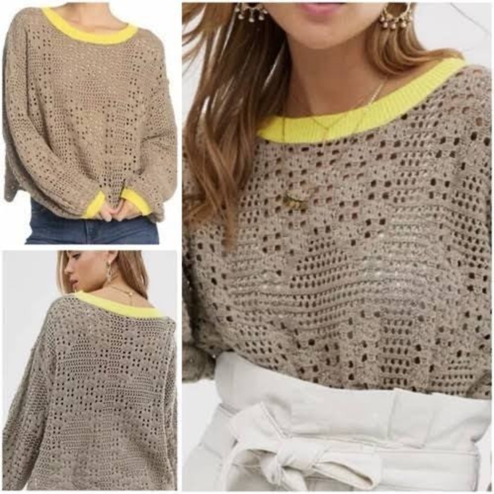 Free People Home Run Crop Crochet Knit Sweater Tan Neon Yellow Small